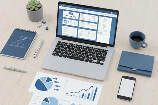 BusinessPlan Toolkit workspace mockup with laptop and documents