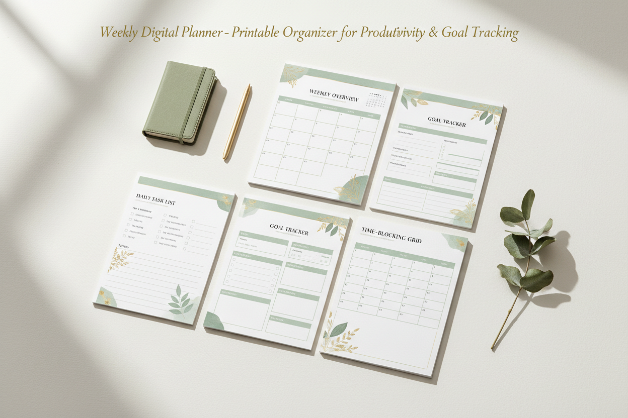 Weekly Digital Planner inside spread preview showing all pages: weekly overview, goal tracker, notes and time-blocking grid