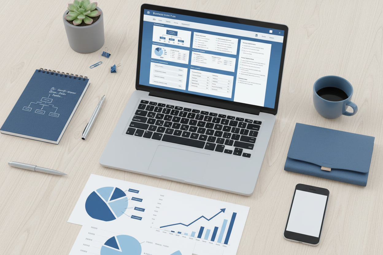 BusinessPlan Toolkit workspace mockup with laptop and documents