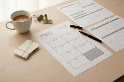 Weekly Digital Planner lifestyle flat lay with coffee cup and stationery on minimal desk
