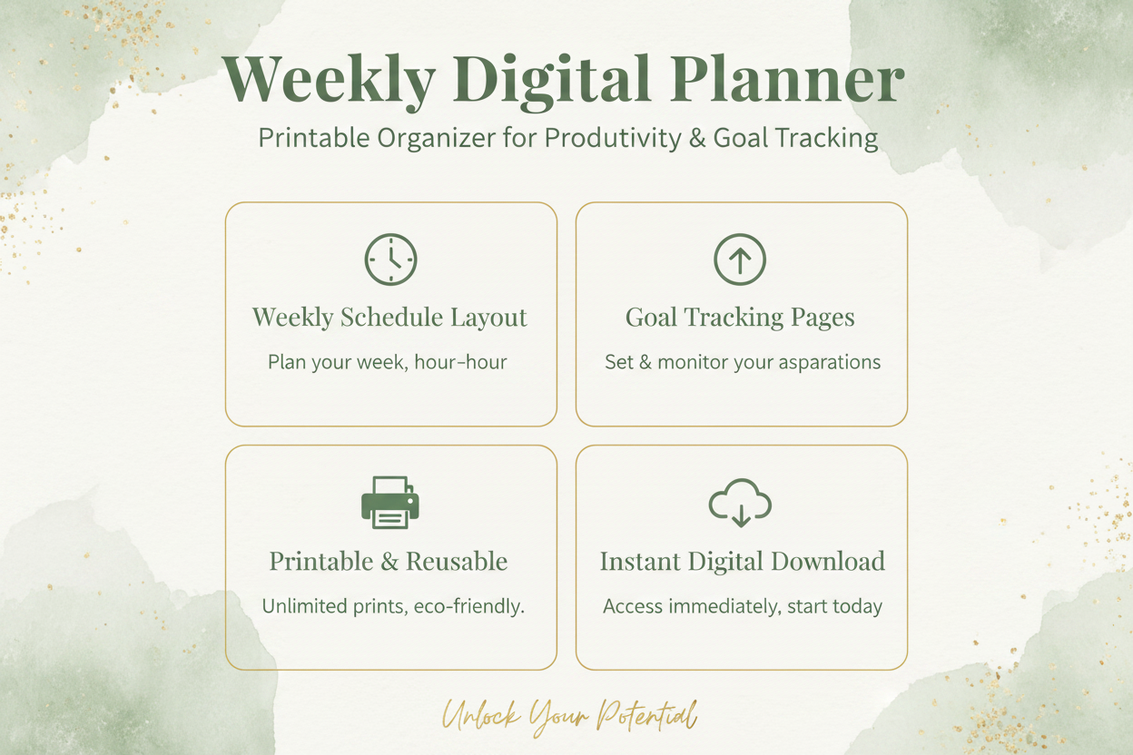 Weekly Digital Planner features slide showing weekly schedule, goal tracking, time-blocking and notes sections