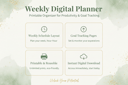 Weekly Digital Planner features slide showing weekly schedule, goal tracking, time-blocking and notes sections