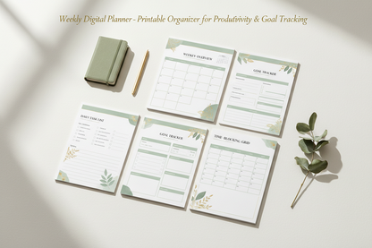 Weekly Digital Planner inside spread preview showing all pages: weekly overview, goal tracker, notes and time-blocking grid
