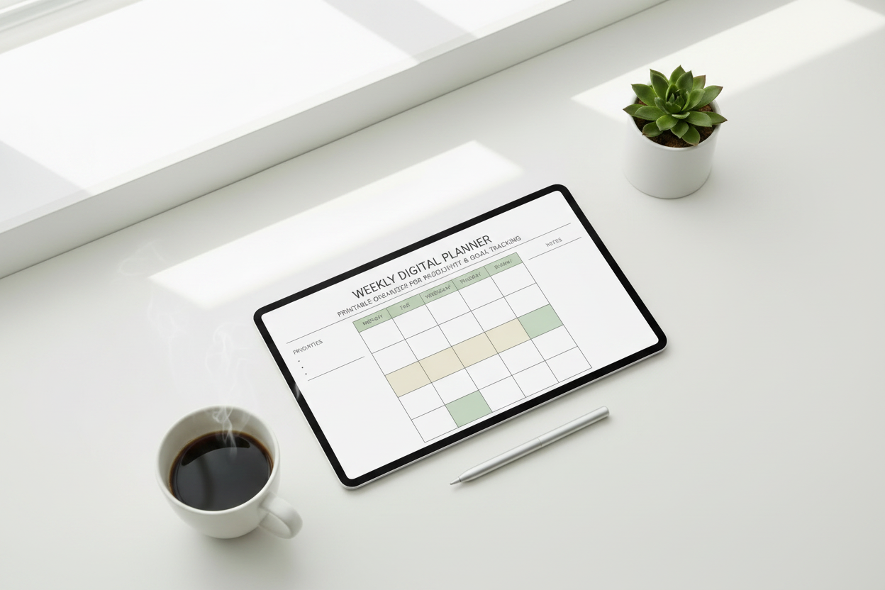 Weekly Digital Planner hero mockup displayed on tablet with sage green and neutral tones