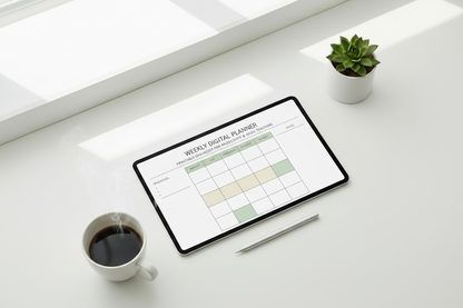 Weekly Digital Planner hero mockup displayed on tablet with sage green and neutral tones